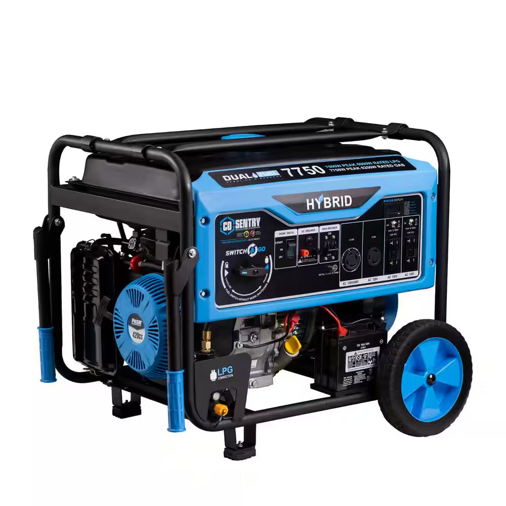 7,750/6,250 -Watt Dual-Fuel Gasoline and Propane with Push to Start Portable Home Power Generator, CO Shutoff