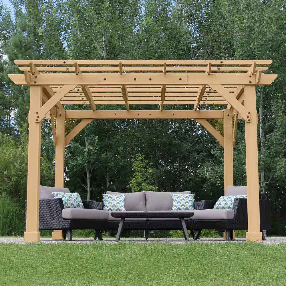 Meridian 10 Ft. X 12 Ft. Cedar Backyard Pergola with Stylish Architectural Posts and Multilevel Crisscross Trellis Roof
