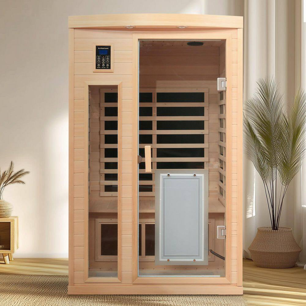 2-Person Natural Wood Far Infrared Hemlock Wood Sauna Room with LED Reading Light