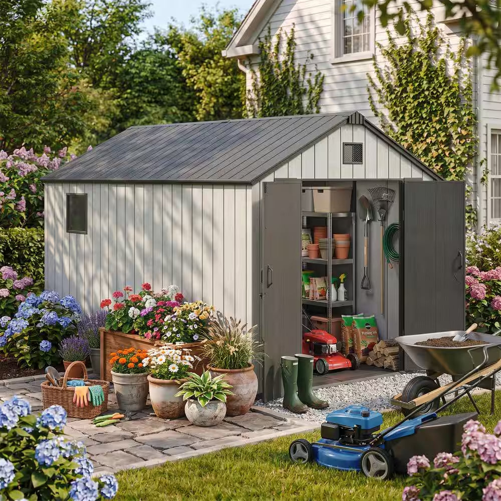 8 Ft. W X 12 Ft. D Resin Storage Shed with Double Doors, Window and Gable Vent 96 Sq. Ft.