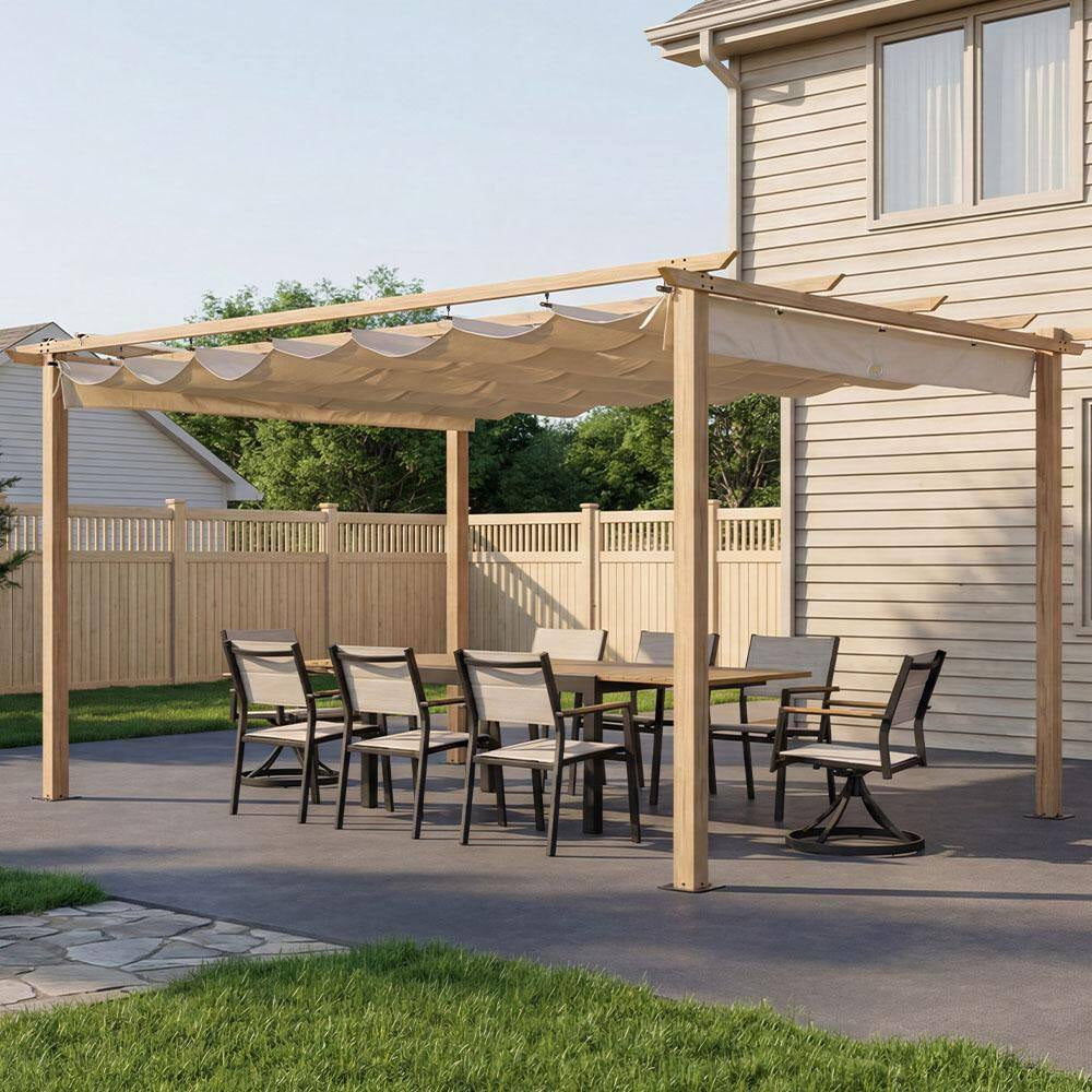 10 Ft. X 13 Ft. Wood Grain Aluminum Outdoor Pergola with Beige Retractable Sun Shade Canopy