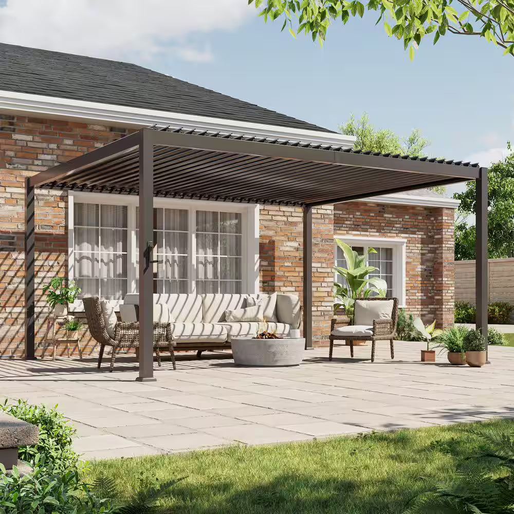 12 Ft. X 14 Ft. Dark Brown LED Powder-Coated Louvered Aluminum Steel Pergola with Adjustable Roof