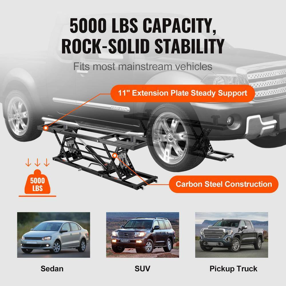 Car Lift, 25. 6 In. Max. Height, 5,000Lbs. Capacity Portable Car Lift, Extended-Length Plates, Heavy-Duty Carbon Steel