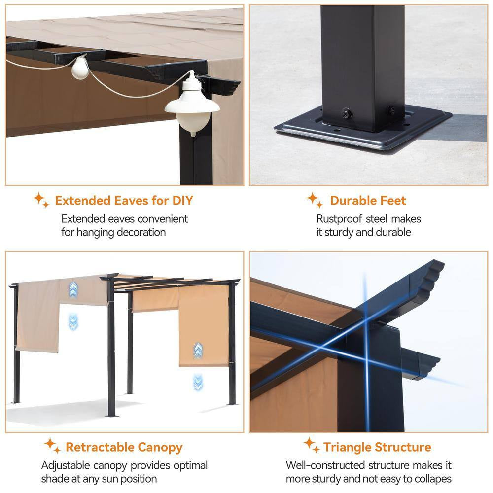 10 Ft. X 10 Ft. Flat Beige Top Outdoor Pergola Canopy with Adjustable and Retractable Canopy