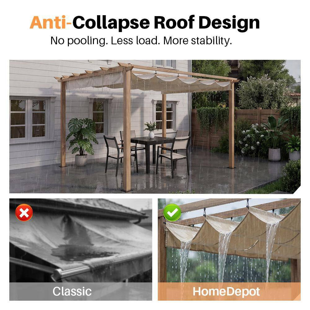 10 Ft. X 10 Ft. Wood Grain Aluminum Outdoor Pergola with Beige Retractable Sun Shade Canopy