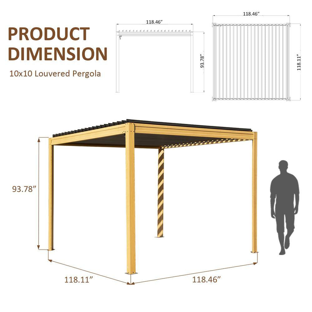 10 Ft. X 10 Ft. Wood-Looking Aluminum Metal Louvered Pergola