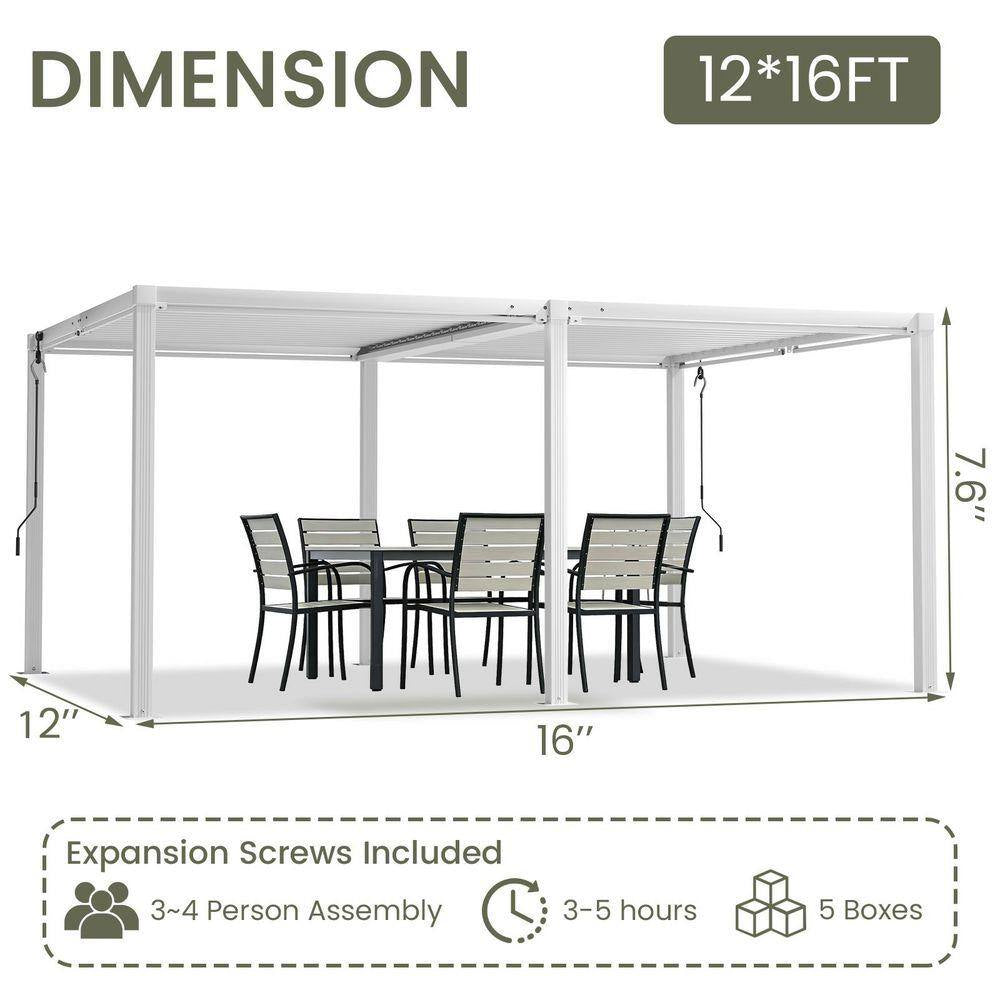 12 Ft. X 16 Ft. White Aluminum Louvered Pergola with Steel Roof