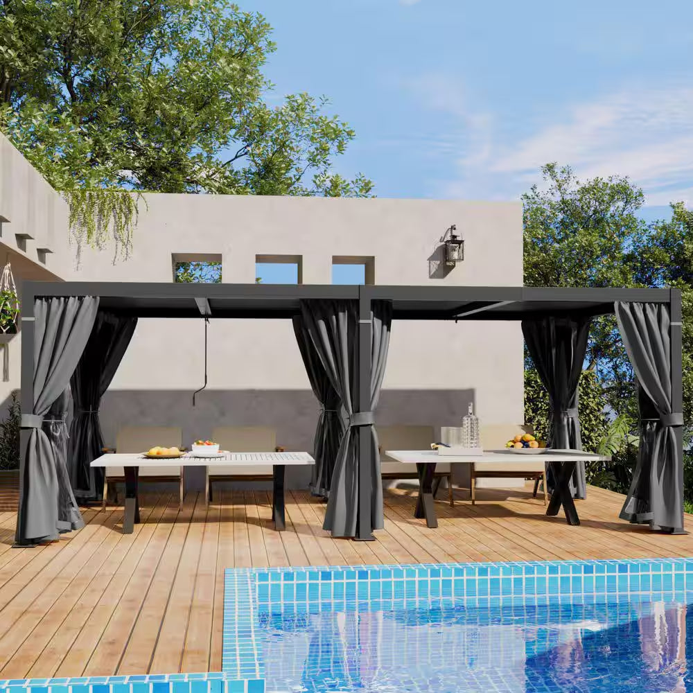 10 Ft. X 20 Ft. Black Aluminum Louvered Pergola with Adjustable Roof and Gray Curtains