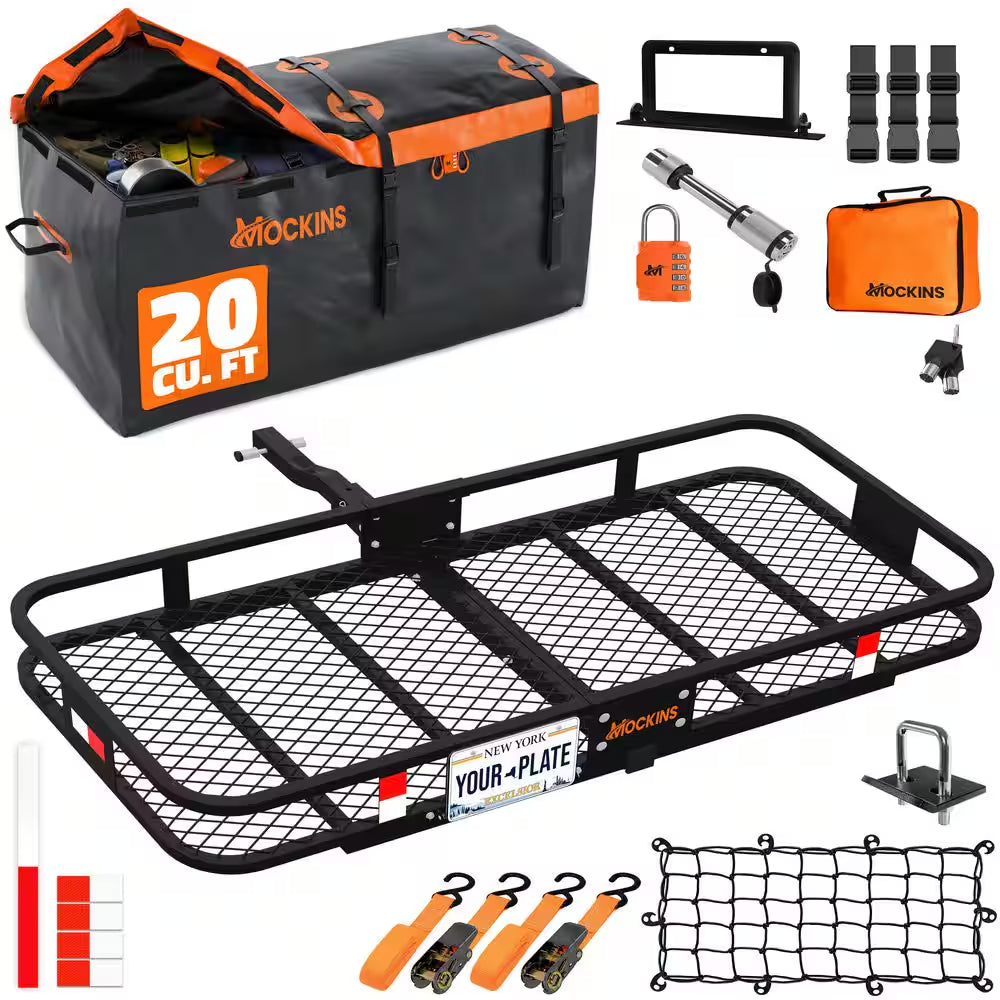 60 In. X 20 In. X 6 In. Trailer Hitch Cargo Carrier Basket W/ 20 Cu Ft. Orange Cargo Bag and Hitch Rack Accessories