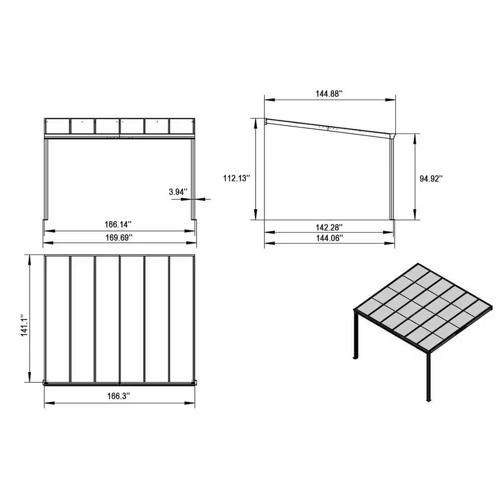 12 Ft. X 14 Ft. Gray Wall-Mounted Outdoor Pergola Aluminum Lean to Gazebo with PC Canopy and In-Built Gutter System