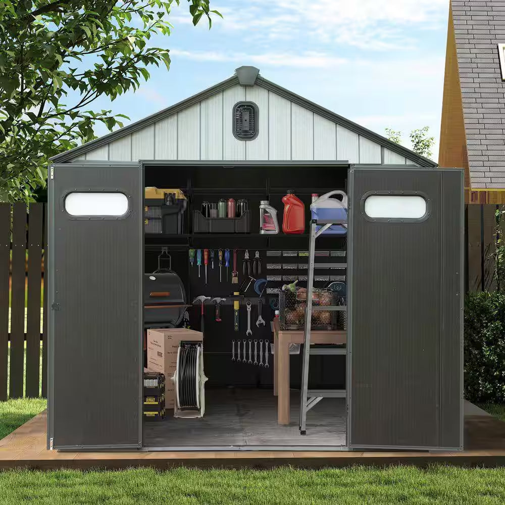 8 Ft. W X 8 Ft. D Resin Gray Outdoor Storage Shed with Lockable Door and Windows (64 Sq. Ft.)
