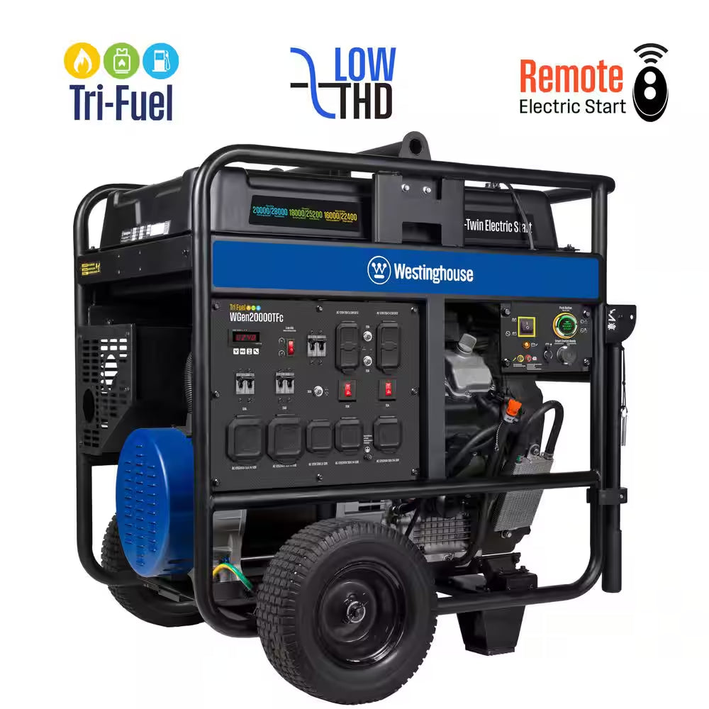 28,000/20,000-Watt Remote Electric Start Tri-Fuel Gas, Propane, Natural Gas Powered Portable Generator W/ Low THD