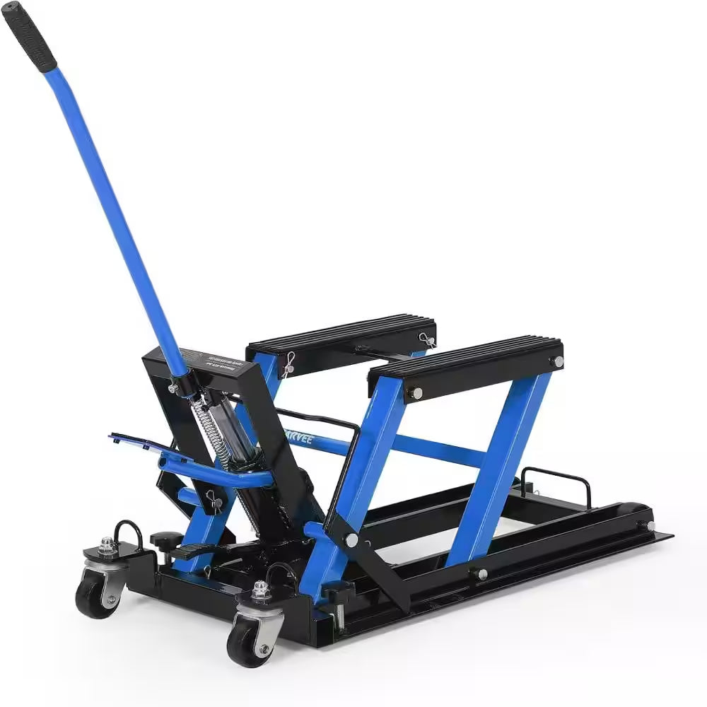 1500 Lbs Hydraulic Motorcycle Scissor Lift Jack, Heavy Duty Adjustable Lift Table with Foot Pedal & Wheels， Blue