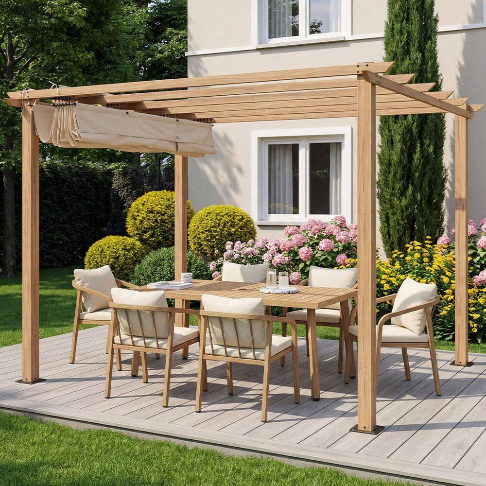 10 Ft. X 10 Ft. Wood Grain Aluminum Outdoor Pergola with Beige Retractable Sun Shade Canopy