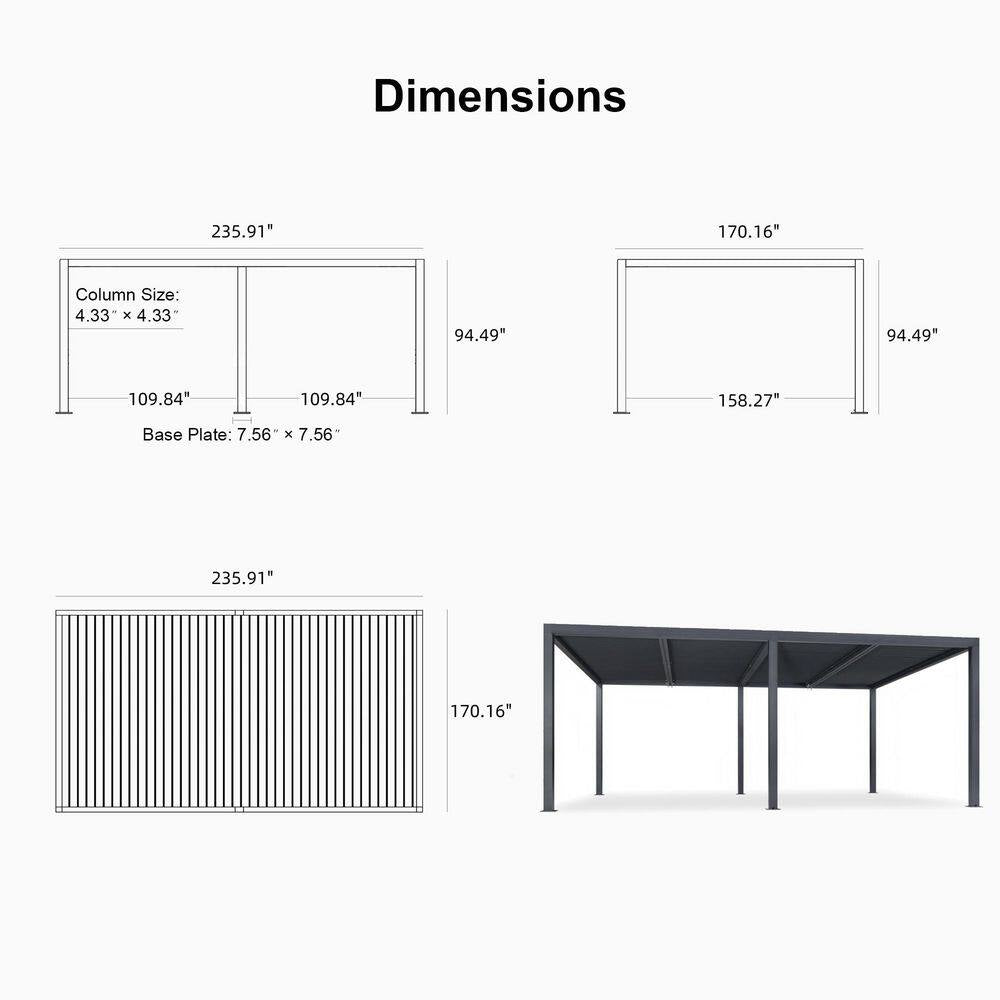 14 Ft. X 20 Ft. Gray Aluminum Frame Outdoor Louvered Pergola Gazebo with Adjustable Sunshade Roof and LED Strip Lights