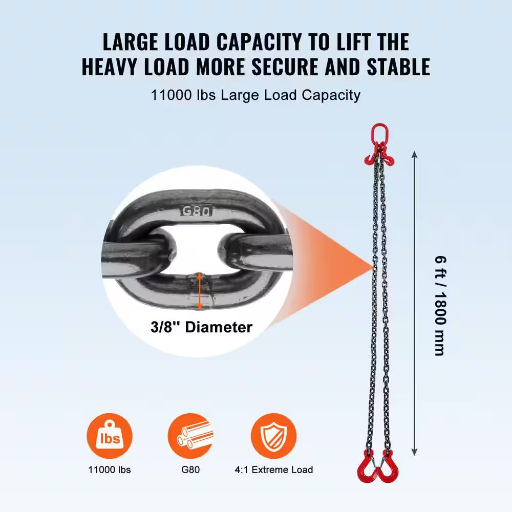 Chain Sling, 3/8 In. X 10 Ft. Lifting Chains with Hooks, G80 Engine Chain Hoist Lifts, 18400 Lbs. Lifting Sling Chains