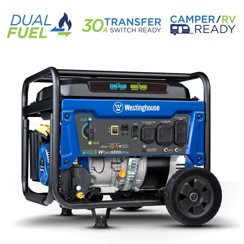 6,500/5,300-Watt Recoil Start Dual Fuel Gas and Propane Powered Portable Generator W/ 30A 120/240-Volt Outlet, CO Sensor