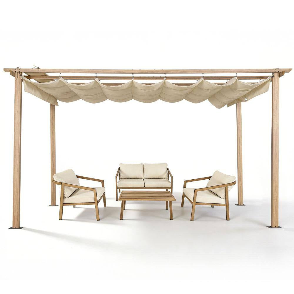 10 Ft. X 13 Ft. Wood Grain Aluminum Outdoor Pergola with Beige Retractable Sun Shade Canopy