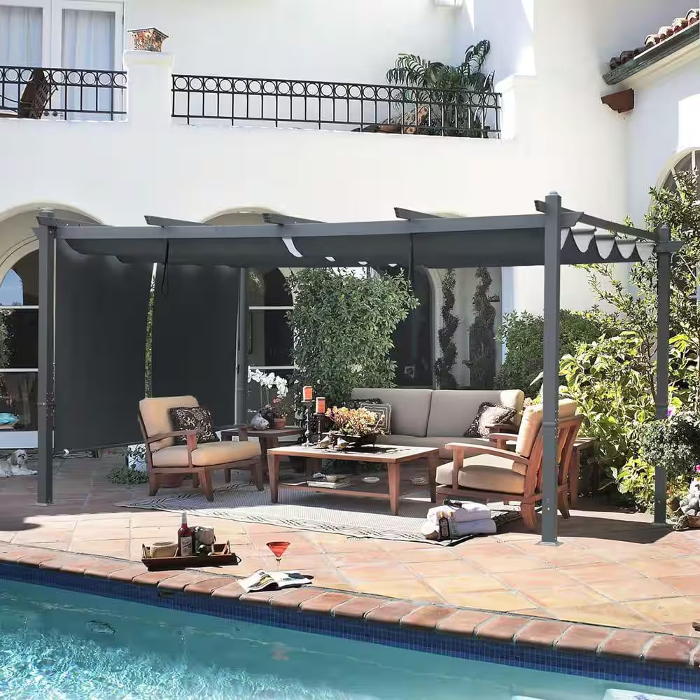 14 Ft. X 12 Ft. Gray Aluminum Frame Patio Pergola with Gray Retractable Shade Top Canopy and 2-Pieces Roller Shade