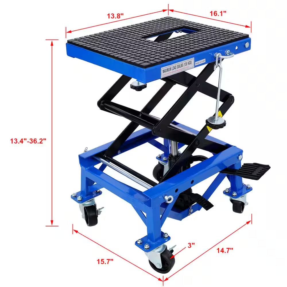 300 Lbs. Capacity Motorcycle Scissor Jack in Blue with 4-Wheels