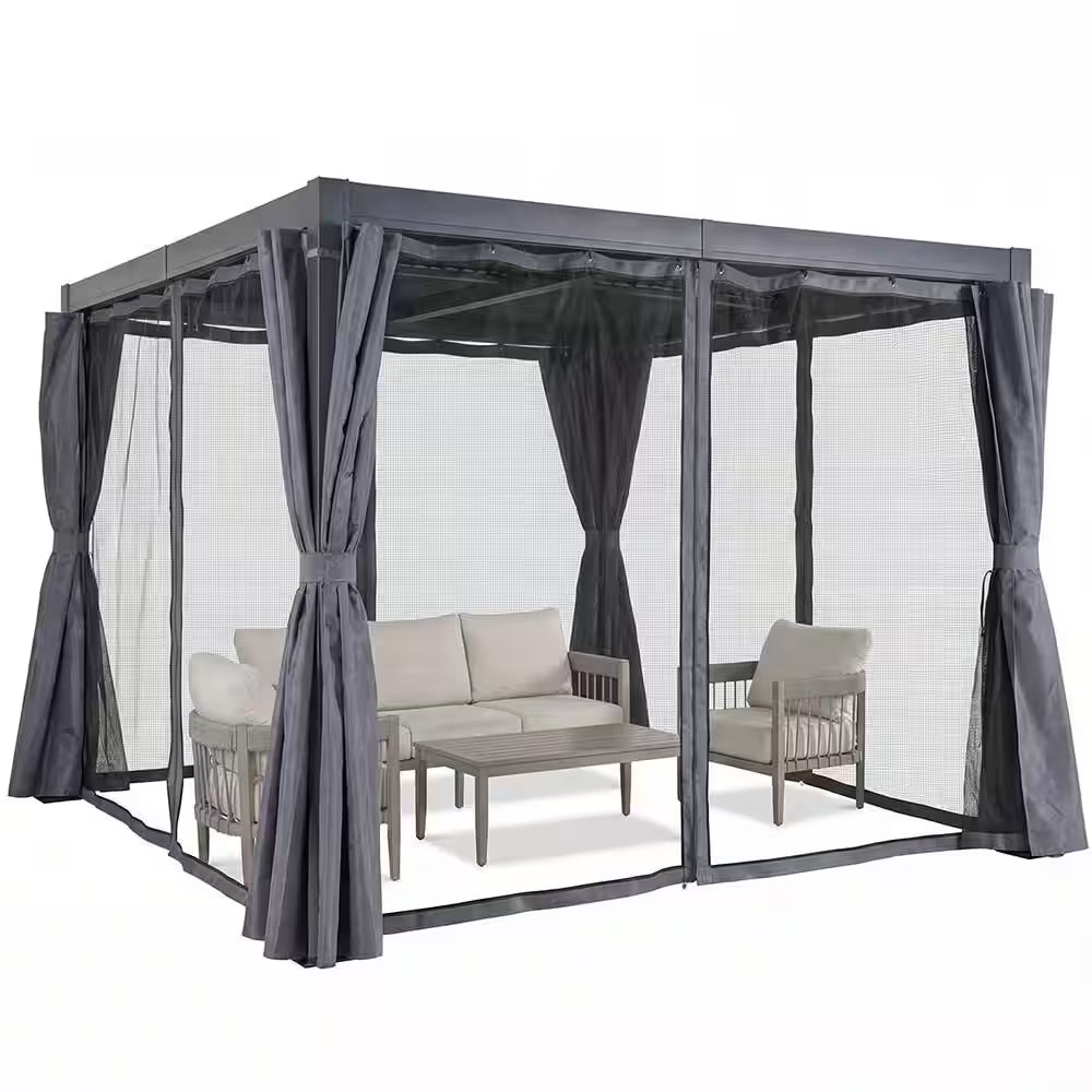 10 Ft. X 12 Ft. Grey All-Aluminum Outdoor Louvered Pergola with Adjustable Roof, Curtains and Netting