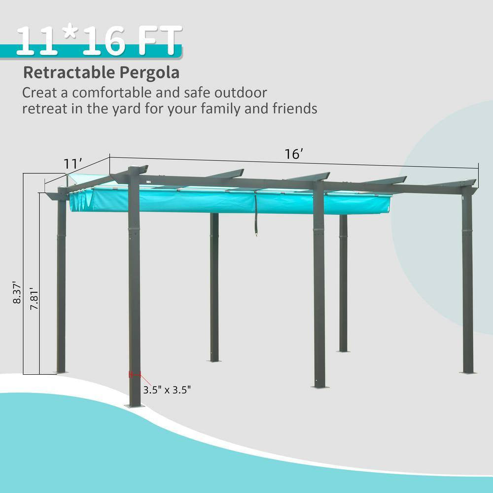 11 Ft. X 16 Ft. Dark Gray Aluminum Pergola with Lake Blue Adjustable Canopy