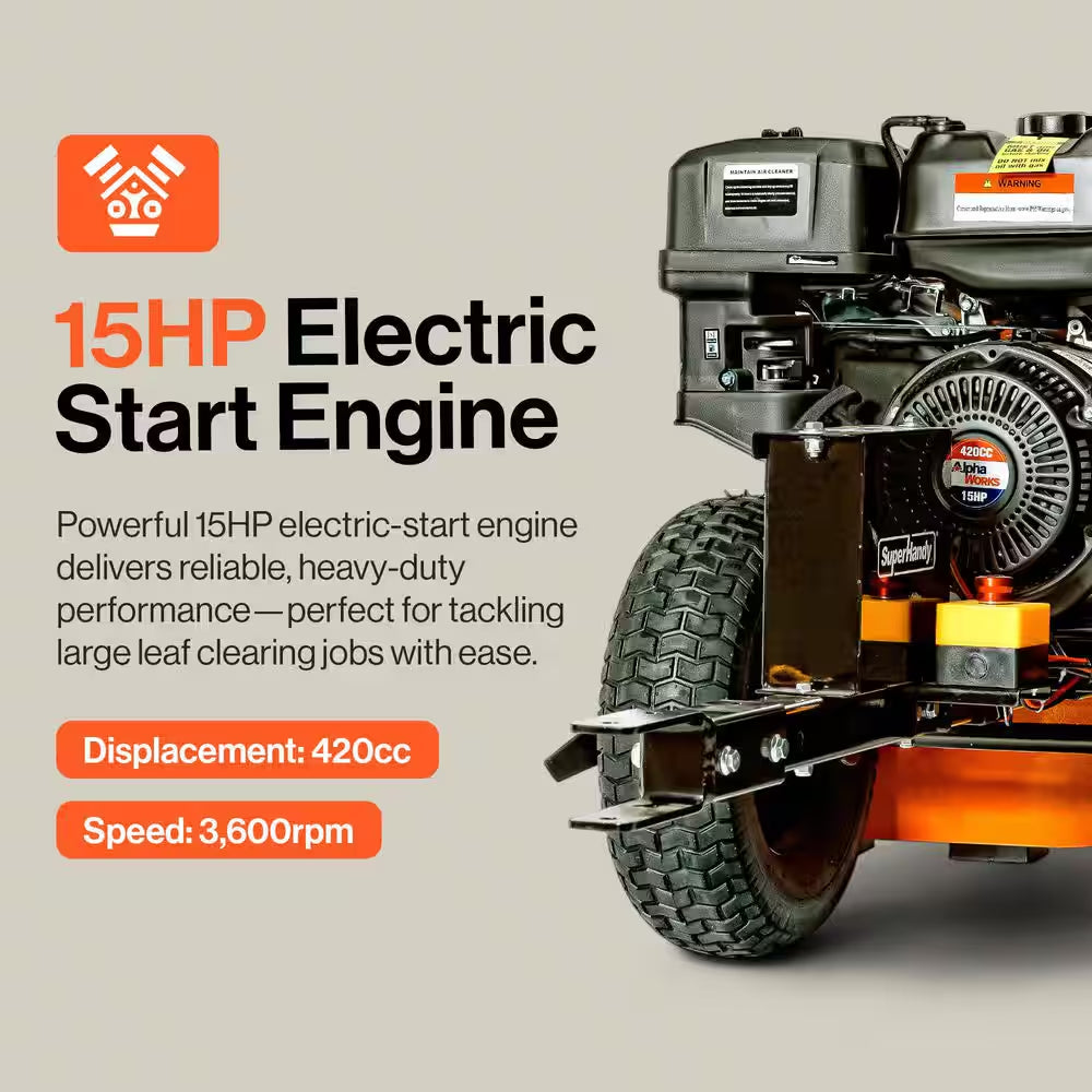 207 MPH Air Speed, 15HP Electric Start Gas Engine, 3000 CFM, Adjustable Airflow, Metal Impeller, Tow-Behind Leaf Blower